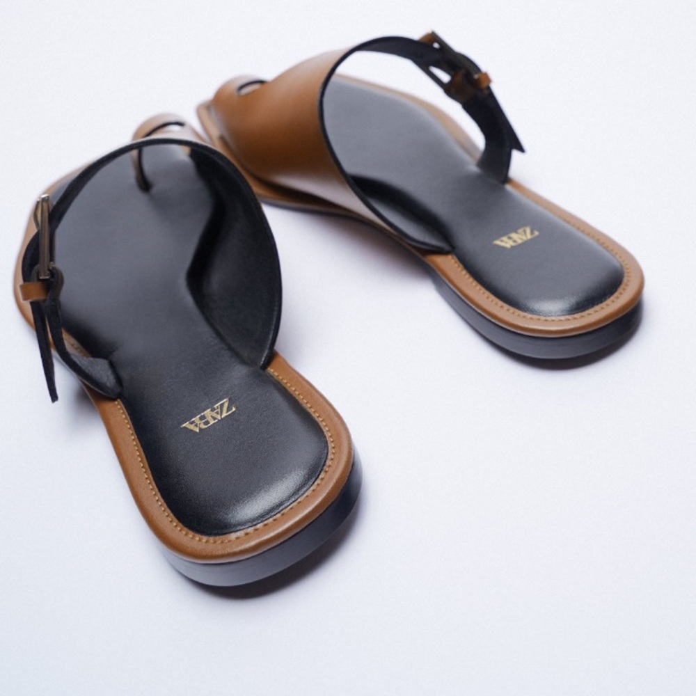 Zara Brown Leather Square open Toe sandals - Picture 6 of 8